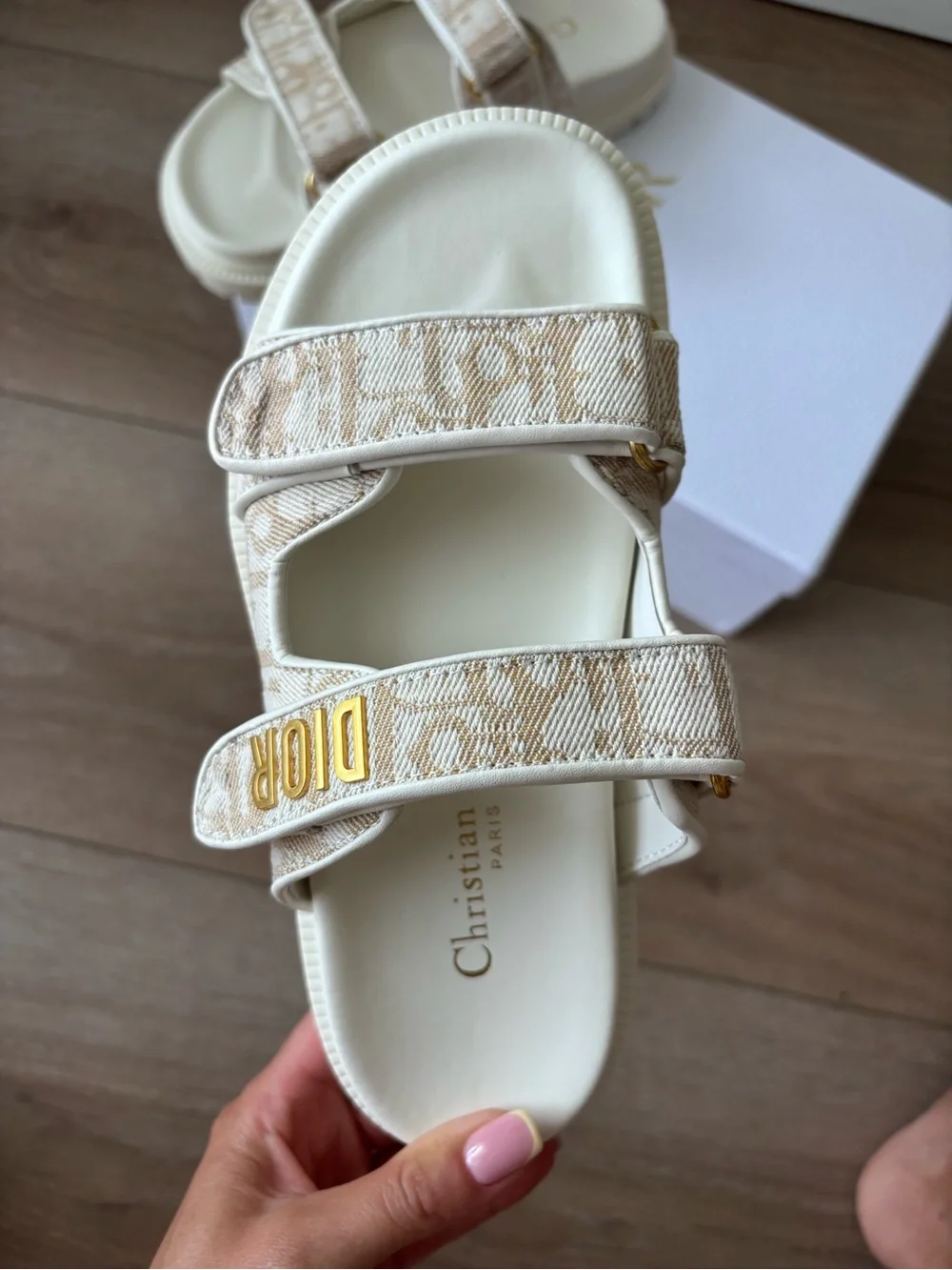 Dior Beige and Cream Logo Strap Slide Sandals